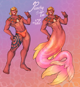 blonde_hair blue_eyes bulge chin_piercing clothing dark_body dark_skin ear_piercing feet floral_neckwear flower gesture gradient_background hair hand_gesture male piercing plant shell simple_background smile solo split_form swimwear tanned_skin tattoo teeth thumbs_up transformation tittlecosmo human mammal marine merfolk hi_res