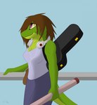 anthro bottomwear breasts bridge brown_hair cleavage clothed clothing electronics female green_body green_scales guitar_case hair headphones long_tail non-mammal_breasts outside purple_eyes railing scales shirt short_hair skirt sky smile solo tail tank_top topwear walking katnay irene_(katnay) gecko lizard reptile scalie hi_res