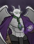 abs angry anthro belt claws clothed clothing collar frown glowing glowing_eyes green_eyes horn lock magic magic_user male muscular muscular_anthro muscular_male robe sash scowl simple_background solo topless villainous wings hayakain mythology trenchbound entrogos dragon mythological_creature mythological_scalie scalie hi_res