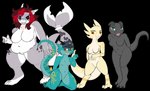 3_toes anthro clothing feet female group hat headgear headwear looking_at_viewer multiple_poses nude pose toes aline_(koboldcourier) courier_(koboldcourier) jetlag orange_cream pooky_(pooky's_goodra) fish hybrid kobold marine scalie shark alpha_channel hi_res