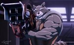 anthro biceps big_muscles brown_body brown_fur fur gesture hand_gesture male muscular muscular_anthro muscular_male overly_muscular pecs pointing solo tail tail_tuft tuft weapon xxsparcoxx guardians_of_the_galaxy marvel rocket_raccoon mammal procyonid raccoon