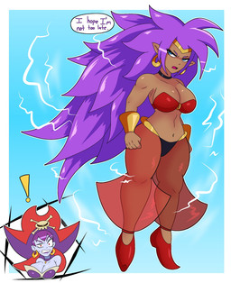 bandeau big_breasts biped blue_background blue_eyes border bottomwear bracelet breasts choker cleavage clothed clothing crown cutaway dark_body dark_skin dialogue duo ear_piercing ear_ring electricity exclamation_point expression_cutaway female fist floating footwear frown gold_(metal) gold_bracelet gold_ear_ring gold_jewelry gold_tiara hair harem_pants headgear humanoid_pointy_ears humor jewelry lightning long_hair midriff navel necklace not_furry open_frown open_mouth pants parody piercing pointy_ears ring_piercing shocked shoes simple_background solo_focus sparks speech_bubble spiky_hair stare super_saiyan_3 text thick_thighs three-quarter_view tiara topwear translucent translucent_bottomwear translucent_clothing translucent_pants white_border wide_eyed wide_hips jemuosg dragon_ball shantae_(series) wayforward goku risky_boots shantae genie human humanoid mammal 2025 absurd_res digital_media_(artwork) english_text full-length_portrait hi_res portrait