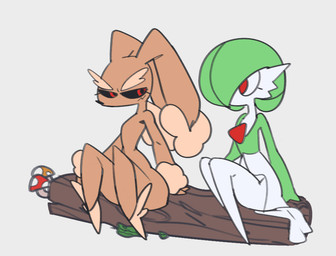 ambiguous_gender black_sclera brown_body brown_fur duo eye_contact fur green_body grey_background group log looking_aside looking_at_another red_eyes simple_background simple_coloring simple_face sitting white_body wood kattobyte nintendo pokemon gardevoir generation_3_pokemon generation_4_pokemon lopunny pokemon_(species)