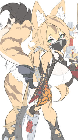 anthro bent_over blonde_hair bottomwear breasts clothing crop_top denim denim_bottomwear denim_clothing denim_shorts dual_wielding eyebrows female fingerless_gloves fur gloves green_eyes gun hair handgun handwear heart_symbol holding_object holding_weapon inner_ear_fluff mask ponytail ranged_weapon revolver shirt shorts solo topwear tuft weapon white_body white_fur yellow_body yellow_fur jellcaps mihoyo zenless_zone_zero pulchra_fellini felid feline felis mammal thiren 2025 hi_res unfinished