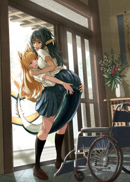 animal_ears black_bottomwear black_clothing black_footwear black_skirt black_socks bottomwear breasts carrying_another clothed clothed_female clothed_humanoid clothing detailed_background duo ear_fins female female/female fin footwear fully_clothed fully_clothed_female fully_clothed_humanoid inside light_body light_skin shirt shoes skirt socks tail topwear vehicle wheelchair white_clothing white_shirt white_topwear 159cm animal_humanoid cat_humanoid felid felid_humanoid feline feline_humanoid humanoid humanoid_merfolk mammal mammal_humanoid 2025 hi_res