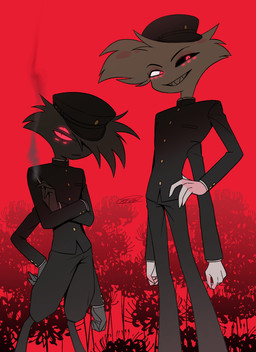 4_arms asian_clothing cigarette cigarette_smoke clothed clothing duo east_asian_clothing gakuran holding_cigarette holding_object japanese_clothing japanese_school_uniform male multi_arm multi_eye multi_limb school_uniform smoke uniform enaic31 hazbin_hotel hellaverse angel_dust arackniss_(hazbin_hotel) arachnid arthropod demon humanoid spider absurd_res hi_res brother_(lore) brothers_(lore) sibling_(lore)