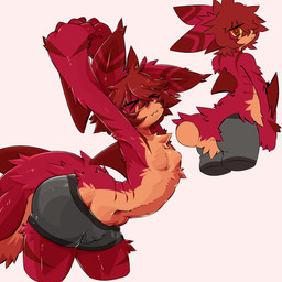 >_< anthro arm_fin arm_markings arm_tuft arms_above_head back_tuft big_tail bottomwear boxer_briefs bulge butt butt_shot chest_tuft claws clothed clothing detailed_bulge dorsal_fin ear_tuft elbow_tuft eyes_closed fin finger_claws fur fur_markings gills glistening glistening_body grey_bottomwear grey_boxer_briefs grey_clothing grey_underwear hair leg_markings leg_tuft looking_at_viewer male markings multicolored_body multicolored_fur narrowed_eyes navel nude orange_body orange_fur pointy_ears puffed_cheeks red_body red_eyes red_fur red_hair shoulder_tuft simple_background solo stretching striped_ears tail tail_tuft tuft two_tone_body two_tone_fur underwear underwear_only yellow_sclera gaogomon gaogomon_(oc) aquatic furred_kobold furred_scalie kobold scalie 1:1 2026 absurd_res hi_res