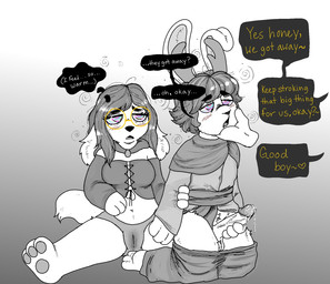 balls blush bodily_fluids bottomwear bottomwear_down caressing_face circumcised clothed clothing dazed disembodied_hand duo_focus eyelashes eyewear female genital_fluids genitals glasses good_boy gradient_background group humanoid_genitalia humanoid_penis hypnosis hypnotic_eyes male mind_control pants pants_down partially_clothed pawpads penis questionable_consent simple_background speech_bubble spiral submissive submissive_female submissive_male text vaginal_fluids sluppydoodles jawn_(gargojawn) sluppy_(sluppydoodles) canid canine canis domestic_dog hare lagomorph leporid mammal rabbit 2025 english_text hi_res