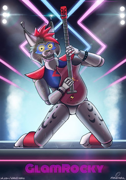 anthro concert concert_hall electric_guitar glowing guitar kneeling lights male metallic_body musical_instrument playing_guitar playing_music plucked_string_instrument red_haircut rock solo sparkles spots string_instrument text whiskers yellow_eyes xleb0rezka five_nights_at_freddy's five_nights_at_freddy's:_security_breach scottgames steel_wool_studios rocky_(xleb0rezka) felid feline lynx mammal hi_res