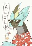 aloha_shirt ambiguous_gender beverage clothing eyewear glass pattern_clothing pattern_shirt pattern_topwear shirt simple_background smile solo sunglasses topwear umbrella white_background sploggles nintendo pokemon black_kyurem generation_5_pokemon kyurem legendary_pokemon pokemon_(species) 2017 hi_res