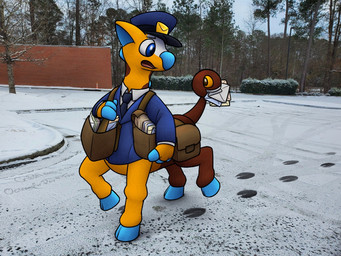 ambiguous_gender blue_clothing blue_eyes blue_fingers blue_hat blue_headwear blue_hooves blue_necktie blue_nose brown_body clothing delivery_(commerce) delivery_employee duo eye_contact eyebrows footsteps hat headgear headwear holding_in_mouth holding_letter hooves jacket letter letterman_jacket living_tail looking_at_another looking_back multicolored_body necktie open_mouth orange_body orange_eyes photo_background postal_carrier postal_delivery snow tail topwear two_tone_body unusual_anatomy unusual_tail walking_on_snow winter crizbn nintendo pokemon generation_2_pokemon girafarig pokemon_(species) taur 2025 4:3 hi_res photography_(artwork)