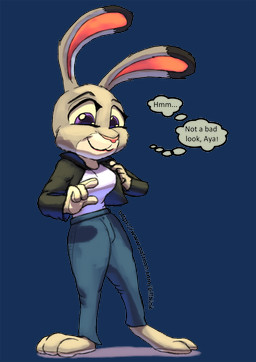 anthro bottomwear breasts clothing cosplay crossover_cosplay female fur grey_body grey_fur jacket multicolored_body multicolored_fur pants purple_eyes shirt solo text thought_bubble topwear two_tone_body two_tone_fur firefanatic disney parasite_eve zootopia aya_brea_(parasite_eve) judy_hopps european_rabbit lagomorph leporid mammal oryctolagus rabbit 2026 alpha_channel crossover digital_media_(artwork) english_text