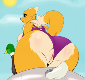 anthro anus big_butt bikini breasts butt clothing female genitals inflatable lipstick makeup nipples one-piece_swimsuit outside pool_float smile solo swimwear two-piece_swimsuit vulva booponies conditional_dnp bandai_namco digimon digimon_(species) renamon hi_res