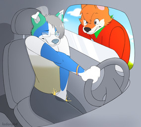 accident anthro bodily_fluids car desperation embarrassed full_bladder genital_fluids inside_car inside_vehicle male male/male omorashi peeing public urine vehicle wet wetting reallytiredfox canid canine canis fox mammal wolf absurd_res hi_res