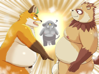 angry anthro balls belly big_balls big_balls_small_penis big_belly black_nose brown_body brown_fur disproportionate_genitalia dot_eyes fur genitals grey_body group kemono male overweight overweight_male penis penis_size_difference question_mark simple_eyes small_penis smile standing paniozi tamacolle awa_(tamacolle) hizen_(tamacolle) iyo_(tamacolle) canid canine elephant elephantid fox mammal proboscidean raccoon_dog tanuki 2025 4:3 hi_res