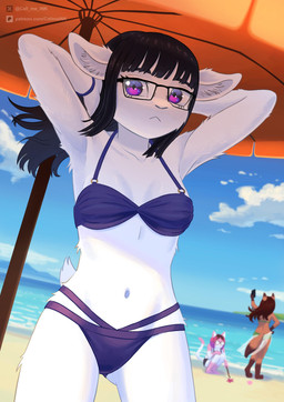 anthro beach bikini biped clothing cloud eyewear female female_anthro front_view glasses group hair inner_ear_fluff sand sea sky solo_focus standing swimwear trio tuft two-piece_swimsuit umbrella water call_me_ink tala_taylor bovid caprine domestic_cat felid feline felis goat mammal absurd_res hi_res
