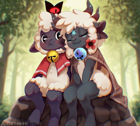 4_ears 4_horns anthro blush cloak cloak_only clothing cloven_hooves day duo eyes_closed female fur hooves horizontal_pupils horn multi_ear multi_horn outside plant pupils scut_tail short_tail sitting smile tail tree white_body white_fur white_wool wool_(fur) liet4649 cult_of_the_lamb massive_monster_(studio) lamb_(cult_of_the_lamb) red_crown_(cult_of_the_lamb) yngya_(cult_of_the_lamb) bovid caprine mammal sheep hi_res