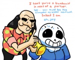 bald black_hair bodily_fluids bone brass_instrument clothing dialogue duo eyebrows glistening hair humor jacket musical_instrument not_furry polka_dots pun shirt skeleton sweat text thick_eyebrows topwear trumpet wind_instrument dworven_(artist) dingaling_productions lisa_the_painful undertale undertale_(series) dr._yado sans_(undertale) animated_skeleton human humanoid mammal undead 5:4 crossover