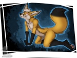 4_toes all_fours anthro biped digitigrade dipstick_tail ear_piercing feet fur hair hindpaw kneeling looking_at_viewer male markings nude pawpads paws piercing smile soles solo tail tail_markings toes white_hair yellow_body yellow_fur fox_fury canid canine fox mammal 2013