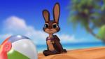 16:9 3d_(artwork) anthro beach bikini blue_eyes brown_body brown_fur claws clothed clothing digital_media_(artwork) exposure_variation female fur hi_res lagomorph leporid mammal rabbit seaside solo swimwear thirteeenth tongue tongue_out two-piece_swimsuit wallpaper widescreen