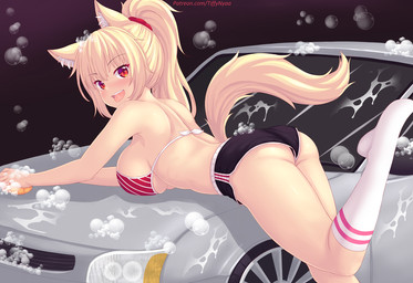 alternative_fashion amber_eyes bikini bikini_top blonde_hair bottomwear breasts bubble butt car car_wash clothed clothing female gyaru hair hotpants inner_ear_fluff j-fashion legwear long_hair looking_at_viewer looking_back open_mouth open_smile ponytail shorts side_boob smile soap solo sponge swimwear text tuft two-piece_swimsuit vehicle y2k_(fashion) fastrunner2024 tiffy_(fastrunner2024) animal_humanoid felid felid_humanoid humanoid mammal mammal_humanoid 2020 digital_media_(artwork) hi_res shaded url