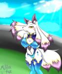 5:6 anthro big_breasts breasts brown_body brown_fur cleavage cleavage_cutout clothed clothing cutout cyberconnect2 daji_(full_bokko_heroes) drecom female full_bokko_heroes fur hair hi_res kemono milkteafox solo white_body white_fur wide_hips yellow_eyes