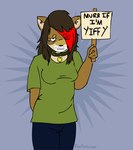 2007 angry anthro biped brown_hair canid canine canis clothed clothing collar domestic_dog english_text eye_through_hair female hair hair_over_eye holding_object holding_sign humor it's_a_trap! kaye_devin looking_at_viewer mammal one_eye_obstructed red_hair shiba_inu sign solo spitz standing text translucent translucent_hair