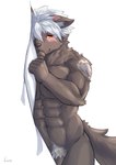abs anthro bed black_body black_fur blush facial_scar flaccid fur furniture genitals hair looking_at_viewer lying male muscular muscular_anthro muscular_male nude on_side pecs penis penis_base pubes scar solo tail white_hair wnhfduvnn7eo6be lifewonders tokyo_afterschool_summoners tadatomo_(tas) canid canine canis domestic_dog mammal digital_media_(artwork) hi_res