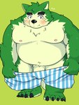 anthro belly blush boxers_(clothing) clothing eyebrows flaccid fur genitals green_body green_fur male moobs navel nipples overweight penis solo thick_eyebrows underwear undressing aumy_wani lifewonders live_a_hero mokdai canid canine canis domestic_dog mammal 3:4 hi_res