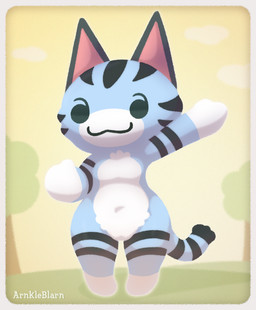 :3 anthro belly black_body black_fur blue_body blue_fur breasts chibi featureless_breasts featureless_crotch featureless_feet featureless_hands feet female flat_chested fluffy fur gesture happy looking_at_viewer nude owo plant short_stack simple_background simple_eyes sky skyscape solo striped_body striped_fur stripes tail thick_thighs tree tuft waving white_body white_fur arnkleblarn animal_crossing nintendo lolly_(animal_crossing) domestic_cat felid feline felis mammal shaded soft_shading