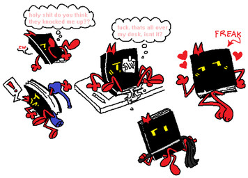 after_sex arm_grab bent_legs black_body blush bodily_fluids cum degradation duo exclamation_point female genital_fluids heart_symbol leaking_cum legs_up lying on_back on_side one_eye_closed penetration post-it_note pregnancy_risk presenting riding_crop sex sitting spread_legs spreading text thought_bubble whip yellow_eyes objectfucker truthholder animate_inanimate living_book colored