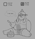 abdominal_bulge anthro backwards_hat baseball_cap blush blush_lines bottomwear cake clothing dessert dot_eyes eating floppy_ears food half-closed_eyes hat headgear headwear humor inner_monologue male narrowed_eyes pawpads paws shirt shorts slightly_chubby slightly_chubby_anthro slightly_chubby_male tank_top text thinking thought_bubble topwear hotdogsauau brutus_(hotdogsauau) canid canine canis domestic_dog mammal 2025 english_text greyscale hi_res monochrome