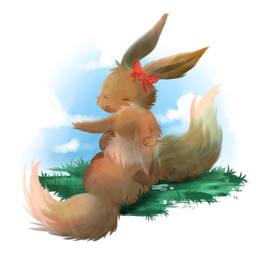 ambiguous_gender blue_sky brown_body brown_fur cloud day detailed_background duo ear_bow ears_down eyes_closed feral fur grass hug hugging_another outside paws pivoted_ears plant red_bow sky tail yassui nintendo pokemon eevee generation_1_pokemon pokemon_(species) 1:1 2012 digital_media_(artwork) digital_painting_(artwork) hi_res painting_(artwork) shaded
