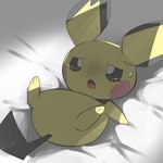 1:1 ambiguous_gender anthro bed bedding bedding_background black_eyes black_tail bodily_fluids crying featureless_crotch feet_up female fur furniture generation_2_pokemon hi_res imminent_rape looking_up lying nintendo on_back on_bed on_model open_mouth pichu pokemon pokemon_(species) questionable_consent ravinosuke1 scared semi-anthro shadow solo spread_legs spreading sweat tail tears white_bedding yellow_body yellow_fur
