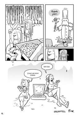 4_panel_comic 5_fingers ambiguous_gender anthro arm_support barefoot bodily_fluids book border box breasts chef_hat choker cleavage clothed clothing collared_shirt container delivery_(commerce) dialogue dress dress_shirt ear_piercing ear_ring eating eating_food eyebrow_through_hair eyebrows eyelashes feet female fingers food food_delivery fully_clothed group hair hat headgear headwear holding_box holding_container holding_food holding_object holding_pizza holding_pizza_box jewelry long_hair makeup necklace open_mouth piercing pizza pizza_box pizza_delivery ring_piercing shirt skeletal slim snout speech_bubble standing surprised sweat tail talking_to_another tentacles text thick_thighs toes topwear translucent translucent_hair trio wave white_border wide_hips lobsteritus ayo_(lobsteritus) rosebud_(lobsteritus) aquatic cephalopod coleoid eldritch_being fish mammal mollusk octopodiform octopus shark 2026 artist_name clip_studio_paint_(artwork) comic dated digital_media_(artwork) end_page english_text greyscale hi_res monochrome trans_(lore) trans_woman_(lore)