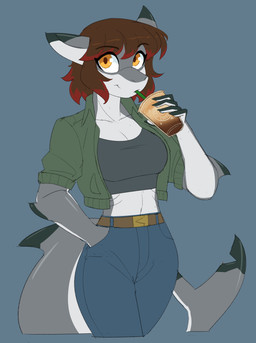 anthro belt beverage bottomwear breasts brown_hair clothing coffee container crop_top cup drinking eyebrow_through_hair eyebrows eyelashes female hair hand_in_pocket highlights_(coloring) jacket looking_at_viewer midriff orange_eyes pants pockets red_highlights shirt short_hair solo topwear translucent translucent_hair 427deer aquatic fish shark 2022 absurd_res hi_res