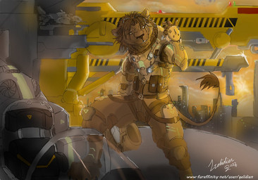 anthro building city city_background construction_site eyewear eyewear_on_head futuristic_architecture goggles goggles_on_head industrial_architecture male outside sky skyscraper solo spacecraft spacesuit urban vehicle yellow_sky yellow_spacesuit gelidien casandro felid lion mammal pantherine 2012 signature