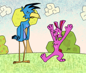 anthro blue_body blue_feathers cloud duo feathers frown fur grass machine male outside pink_body pink_fur plant shrub smile tree spezdood r-10_(spezdood) spez_trebelli_(spezdood) android avian bird blue_jay corvid hare jay_(bird) lagomorph leporid mammal new_world_jay oscine passerine rabbit robot steller's_jay hi_res