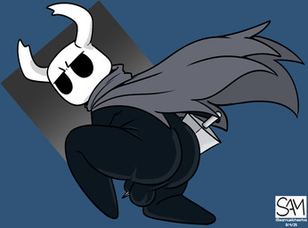 big_butt butt cloak cloak_only clothing holding_object holding_weapon horn looking_at_viewer male nude shortstack shortstack_male solo thick_thighs weapon cheetoeater conditional_dnp hollow_knight_(franchise) team_cherry the_knight_(hollow_knight) vessel_(species) watermark