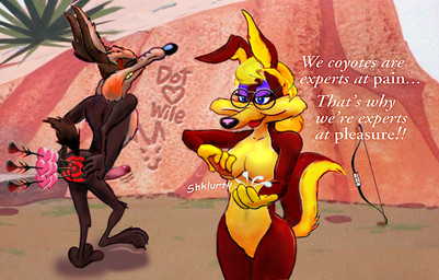 3_toes 4_fingers aftermath anthro arched_back arm_tuft arrow_(weapon) arrow_in_butt athletic athletic_anthro athletic_male back_tuft belly bent_ear big_butt big_muscles big_pecs biped black_eyes black_nose blonde_hair blue_eyes blush bow_(weapon) breasts brown_body brown_fur bubble_butt butt butthurt calf_tuft canyon casual_erection casual_nudity chest_tuft claws clenched_teeth collarbone countershade_torso countershading cupid's_arrow curling_tail curvy_figure darkened_foreskin desert dialogue dominant dominant_female elbow_tuft erection eyebrows eyelashes eyeliner eyes_closed eyewear eyewear_only feet female fingers fluffy fluffy_chest fluffy_tail fur genitals glasses glasses_only glistening_foreskin hair half-closed_eyes hand_on_butt hand_on_own_butt heart_symbol humanoid_genitalia humanoid_hands humanoid_heel humanoid_penis knee_tuft leg_tuft limping lines_drawn lipstick long_hair looking_down looking_pleasured lotion lotion_bottle makeup male male/female motion_lines multicolored_body multicolored_fur muscular narrowed_eyes natural nude nudist outside pain paws pecs penis pink_penis plantigrade pose purple_eyeliner purple_nose raised_tail ranged_weapon rear_view red_lipstick scrunchy_face shadow shot_in_butt skinny skinny_anthro skinny_male slim slim_anthro slim_male smile social_nudity solo spine tail tan_body tan_chest tan_eyebrows tan_fur target_on_butt teeth text throbbing throbbing_penis toe_claws toe_tuft toes tuft two_tone_body two_tone_fur two_tone_tail walking weapon wearing_glasses white_sclera white_text wide_hipped_anthro wide_hipped_female wide_hipped_male wide_hips wiggle_lines yellow_belly yellow_body yellow_breasts yellow_fur mreiof looney_tunes warner_brothers dottie_coyote fan_character wile_e._coyote canid canine canis coyote mammal 2014 colored comic_sans detailed digital_drawing_(artwork) digital_media_(artwork) digital_painting_(artwork) english_text painting_(artwork) pinup shaded