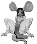 3_eyes anthro breasts female genitals mouse_ears mouse_tail multi_eye open_mouth pussy solo spread_legs spreading occultgay mammal mouse murid murine rat rodent absurd_res hi_res monochrome