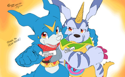 annoyed arm_around_shoulders armor blue_body cape clothing countershading crossed_arms duo facial_horn holding_object horn looking_at_viewer male markings name_tag nose_horn open_mouth open_smile patreon_username red_eyes semi-anthro sleeveless_topwear smile tail text yellow_body yellow_markings dahecksajerry bandai_namco digimon digimon_(species) gabumon veemon 2026 commissioner_name digital_drawing_(artwork) digital_media_(artwork) english_text