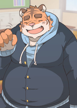anthro belly blush bottomwear clothing eyes_closed humanoid_hands male overweight overweight_anthro overweight_male pants pink_nose shirt solo topwear kotadash felid mammal pantherine tiger 2015