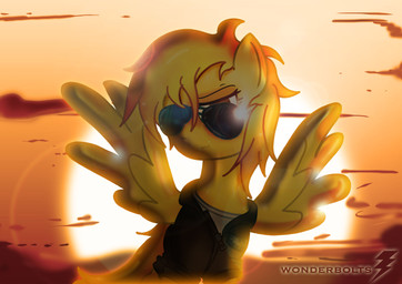 amber_eyes clothed clothing cloud eyewear feathered_wings feathers female feral frown fur hair jacket orange_hair outside shirt simple_background sky solo sun sunglasses sunset topwear wings yellow_body yellow_feathers yellow_fur toonlancer friendship_is_magic hasbro my_little_pony mythology spitfire_(mlp) wonderbolts_(mlp) equid equine mammal mythological_creature mythological_equine pegasus 2012 absurd_res hi_res