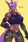 abs belt biceps big_breasts big_muscles bottomwear breasts brown_body brown_skin camo camo_print cargo_pants clothed clothing crop_top cybernetics dark_body dark_skin facial_scar female glowing glowing_eyes hair inner_ear_fluff machine midriff muscular muscular_female muscular_humanoid navel pants pink_eyes pink_hair ponytail scar shirt solo text topwear tuft vein hutago dantera_lina animal_humanoid canid canid_humanoid canine canine_humanoid cyborg humanoid mammal mammal_humanoid wolf_humanoid absurd_res hi_res japanese_text translated