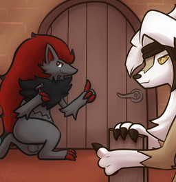 anthro balls casual_nudity clothing door duo fur genitals gesture hand_gesture male male/male tail thumbs_up rymherdier nintendo pokemon pokemon_mystery_dungeon spike_chunsoft wanderlust aiden_laninga dominic_armois fan_character canid canine generation_5_pokemon generation_7_pokemon lycanroc mammal midday_lycanroc pokemon_(species) zoroark digital_media_(artwork) hi_res