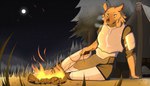 anthro armor campfire clothing detailed_background female fire hair male outside smile solo securipun shou_(securipun) accipitrid accipitriform avian bird eagle hyena mammal 2023 absurd_res hi_res