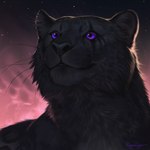 black_body black_fur black_nose detailed_background fur melanistic night outside purple_eyes sky smile star starry_sky whiskers rogueliger felid leopard mammal pantherine 1:1 2022 digital_media_(artwork)