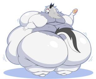 angry anthro belly big_belly big_breasts big_butt black_collar breasts butt collar collar_only dessert doughnut female food fur grey_body grey_fur grey_hair hair holding_doughnut holding_food holding_object huge_belly huge_breasts huge_butt hyper hyper_belly hyper_butt leg_rolls looking_at_viewer looking_back morbidly_obese morbidly_obese_female nude obese obese_female overweight overweight_female pastry rear_view red_sclera simple_background solo spiked_collar spikes white_background white_body white_eyes white_fur mizz-britt hellaverse helluva_boss mythology loona_(helluva_boss) canid canid_demon canine demon hellhound mammal mythological_canine mythological_creature absurd_res hi_res