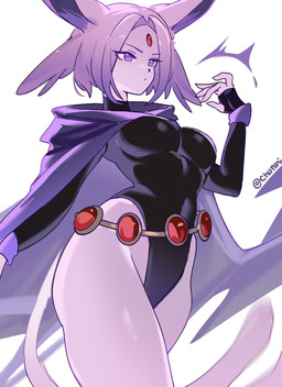 black_clothing bodysuit breasts cape clothing cosplay female leotard navel purple_body purple_eyes skinsuit solo tight_clothing chunniwa dc_comics nintendo pokemon raven_(dc) eeveelution espeon felid generation_2_pokemon humanoid mammal pokemon_(species) absurd_res hi_res